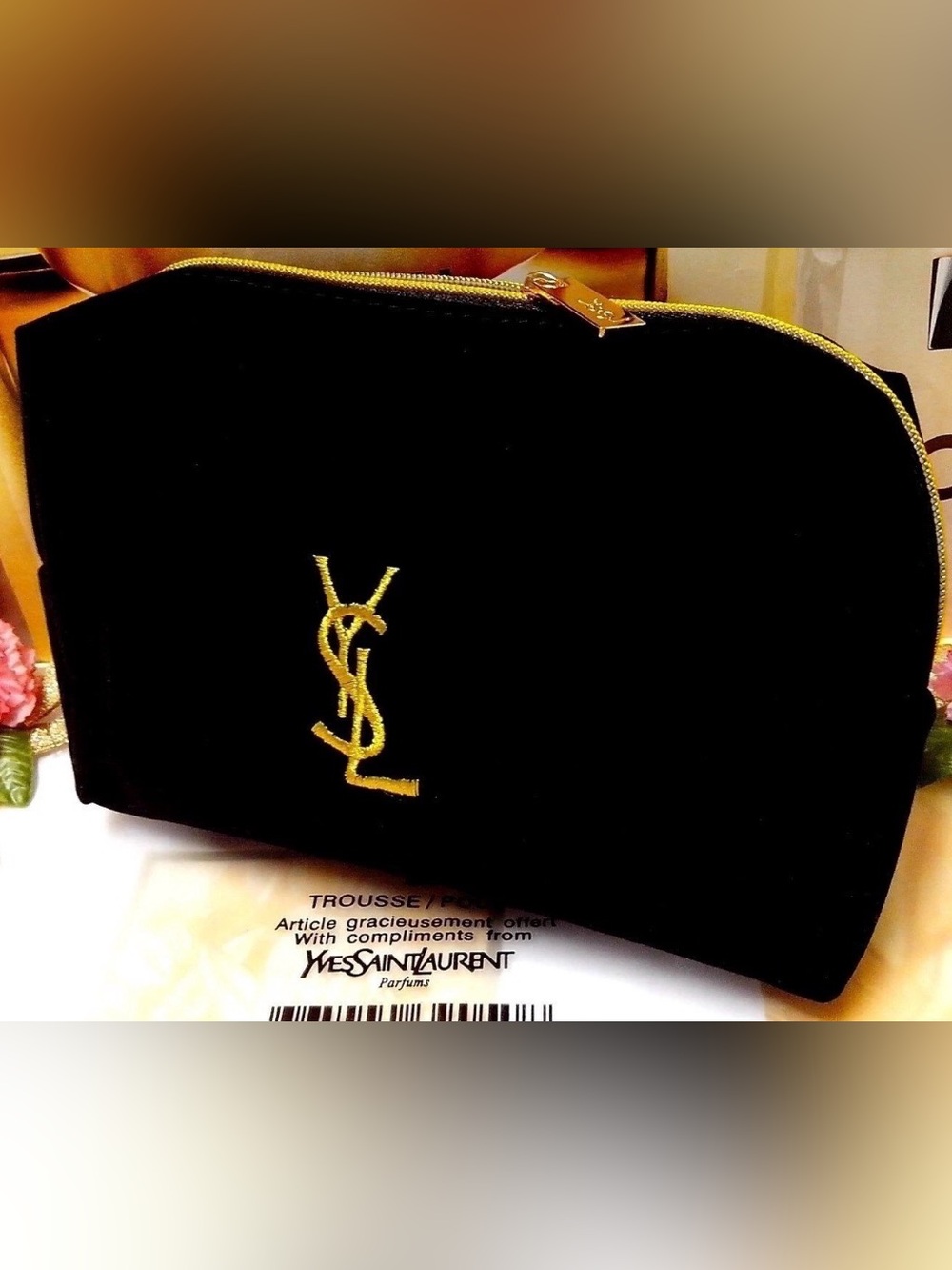 NEW! YSL Black Velvet Embroidered Cosmetic Bag
